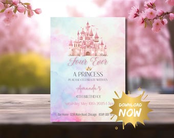 Princess Birthday Invitation Editable, Four Ever a Princess Invite, Girl Castle Birthday Invitation, Princess Party Digital Download