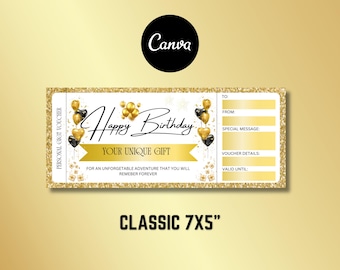 Op de afbeelding: Een gouden en zwarte cadeaubon met een glitterachtergrond en de tekst "Happy Birthday" en "Your Unique Gift". De cadeaubon heeft ruimte om de naam van de ontvanger, de naam van de afzender, een speciale boodschap, cadeaubongegevens en de vervaldatum in te vullen.