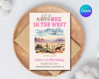 Girl's Wildest One in the West Invitation, Cowgirl First Birthday Invitation, Digital Cowgirl Birthday Invite, Girl's Western Invitation 1st