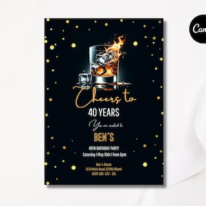 Whiskey Birthday Invitation, Surprise Party Adult, 30th 40th 50th Any Age, Cognac Scotch Liquor, Canva Editable Men Birthday Invite