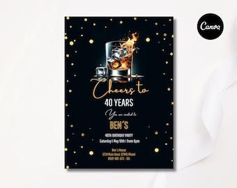 Whiskey Birthday Invitation, Surprise Party Adult, 30th 40th 50th Any Age, Cognac Scotch Liquor, Canva Editable Men Birthday Invite