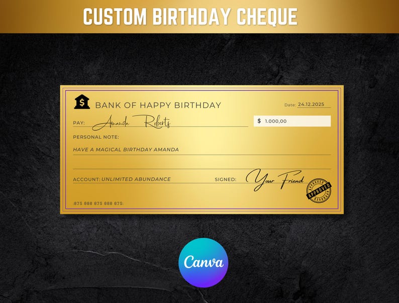 Birthday Cheque, Gold and Black Personalised Fake Cheque, Gift Birthday ...
