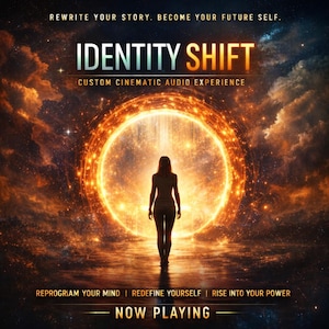 Pode incluir: Imagem digital artística com o texto "IDENTITY SHIFT" e "CUSTOM CINEMATIC AUDIO EXPERIENCE". Uma silhueta caminha em direção a um portal brilhante. O texto "REWRITE YOUR STORY. BECOME YOUR FUTURE SELF." está no topo e "NOW PLAYING" na parte inferior.