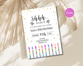 Editable Candles Surprise Birthday Invitation Shhh It's A Surprise Party 30th 40th 50th 60th Adult Invite Printable CanvaTemplate