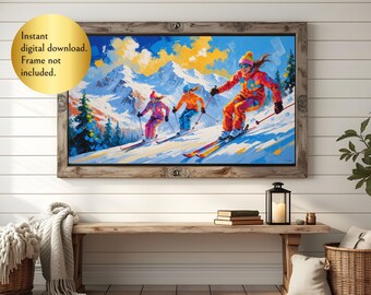 Abstract Winter Ski TV Art, Digital Download Snow Painting, Colorful Ski Resort Wall Art for TV, Winter Sports Landscape Decor