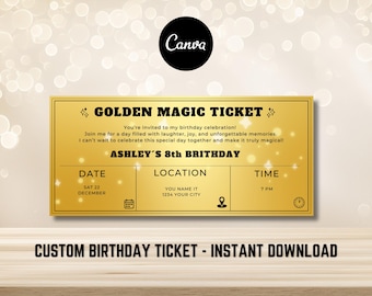 Golden Ticket Invitation Template Printable Birthday Invitation Birthday Gold Invitation Ticket Canva Template Golden Birthday Party