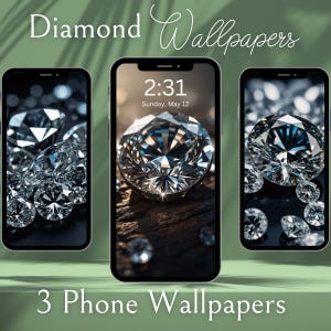 May include: Three smartphones displaying diamond-themed wallpapers. The central phone shows a large, sparkling diamond with the time 2:31 and the date Sunday, May 12. The other two phones feature diamond clusters. Text reads "Diamond Wallpapers" and "3 Phone Wallpapers."