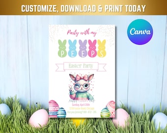 Easter Egg Hunt Invitation Canva Editable, Party with Peeps Invite, Easter Bunny Party Invitation, Gold Easter Egg Printable