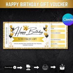 Cartão de presente de aniversário, modelo de vale-presente personalizado de feliz aniversário, certificado de presente de aniversário, cupom de presente de aniversário unissex dourado para impressão