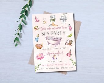 Mädchen-Spa-Geburtstag, Spa-Party-Geburtstagseinladung, Verwöhn-Party einladen, Glam-Party-Geburtstag, bearbeitbare Canva-Vorlage, Wellness-Party einladen