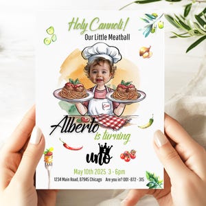 Convite editável para o primeiro aniversário de Our Little Meatball com foto, pizza, bolo de chef italiano, convite móvel, almôndegas de chef italiano