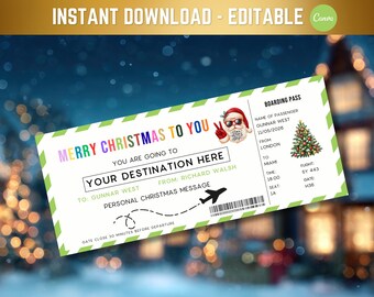 Christmas Boarding Pass Template | Surprise Trip Gift | Editable Canva Flight Ticket | Printable PDF