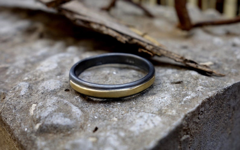 Simple mens ring Men unique oxidized silver wedding band with solid gold or copper Minimalist wedding band Men mixedmetals Band