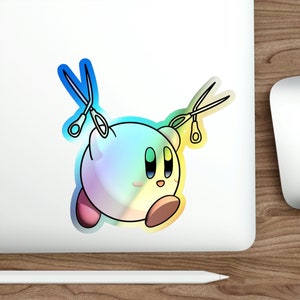 Kirby Running w/ Scissors - Holographic Die-cut Stickers - Kirbo || Poyo || Dash || Pink || Warpstar