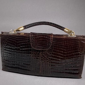 Vintage Leder Handtasche Kroko Krokodil Optik echtes Leder braun glänzend 60s 1960