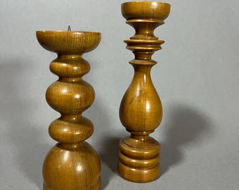 Bougeoirs scandinaves en bois, lot de 2 – bois tourné, style bohème vintage, décoration rustique de maison de campagne