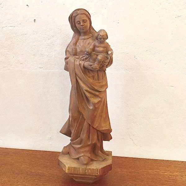 Geschnitzte Madonna mit Jesus aus Olivenholz Maria mit Kind Holzskulptur handgeschnitzt