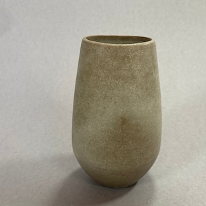 May include: A beige ceramic vase with a textured surface. The vase has a rounded base and a slightly flared opening. The neutral color and simple design make it suitable for various decor styles.