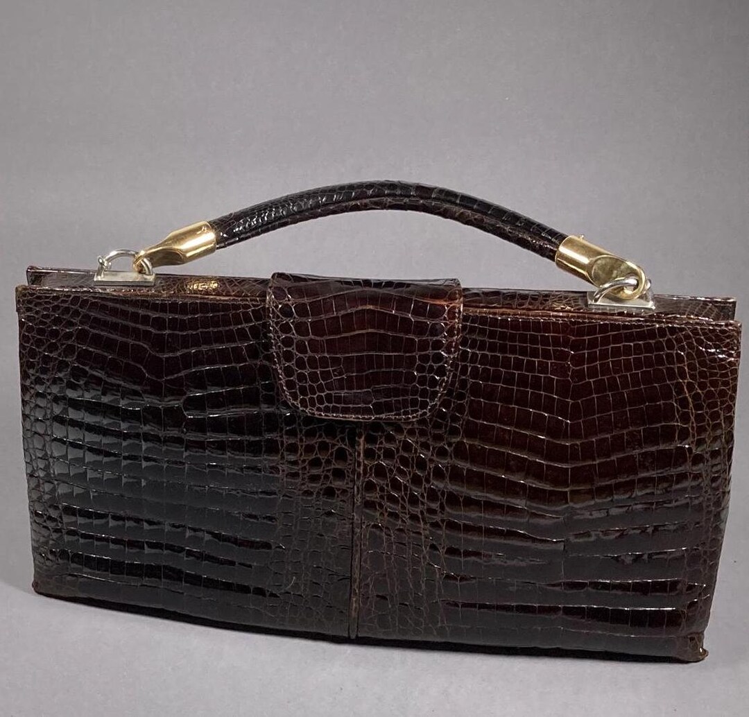 Vintage Leder Handtasche Kroko Krokodil Optik echtes Leder braun
