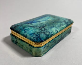 Vintage alabaster box, blue and green, handmade in Italy around 1960, decorative stone box with metal frame