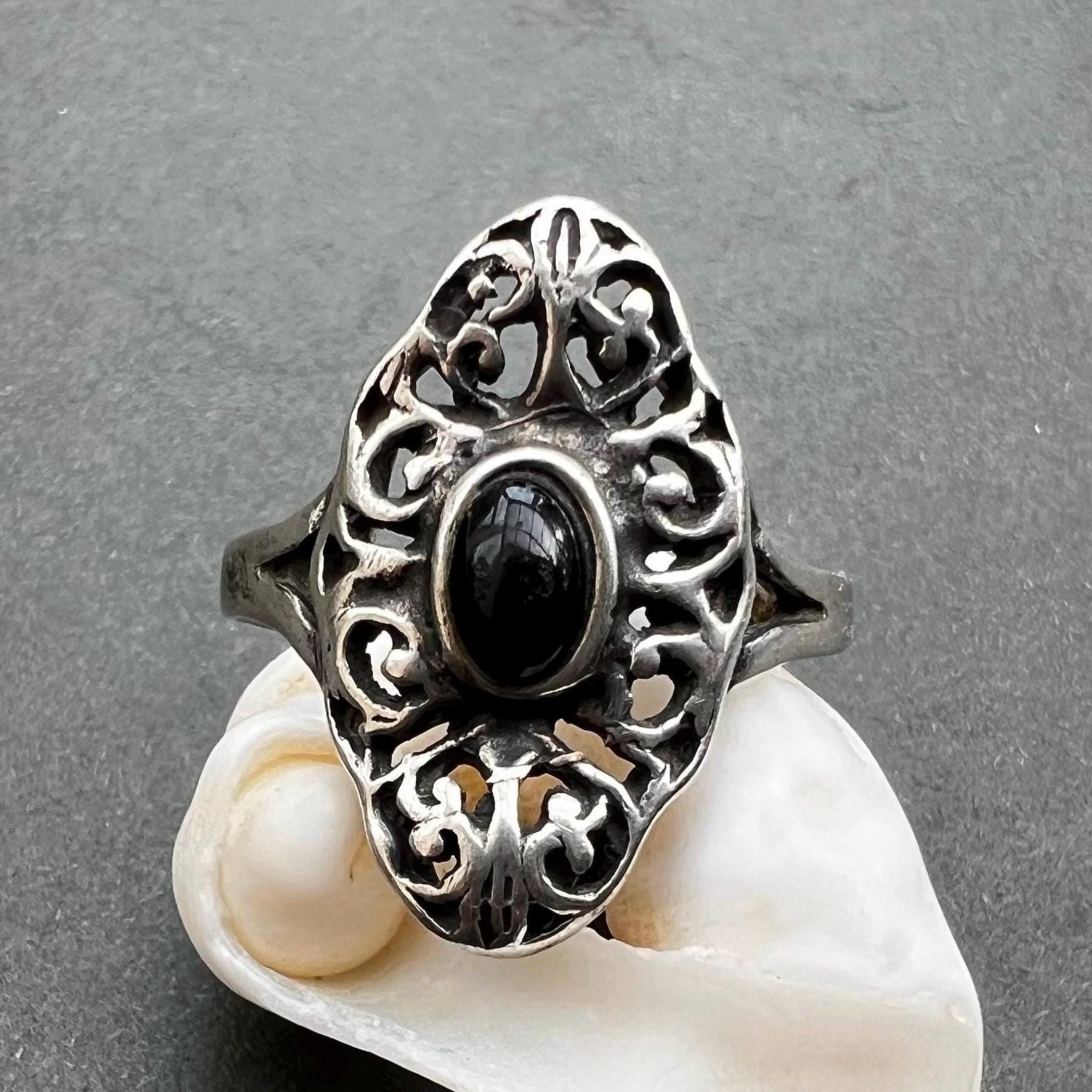 Bague Ancienne En Argent 925 Avec Cabochon Onyx Noir - Taille 52,5 - Début XXe Siècle, Bel état