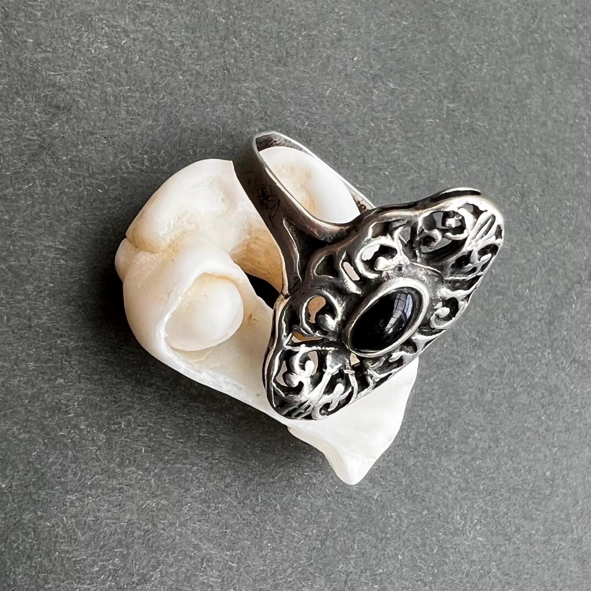 Bague Ancienne Argent Sterling Avec Cabochon Onyx Noir Taille 52,5 - Bel état