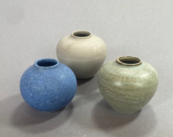 Small ball vase blue beige Hameln pottery studio ceramics Mid Century mini vase