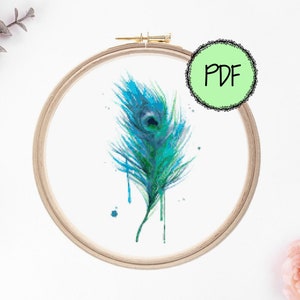 Watercolour Peacock Feather Modern Counted Cross Stitch Pattern | Watercolor Cross Stitch | Instant PDF Download