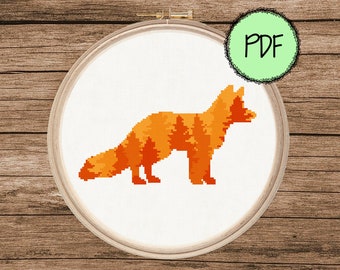 Fox Cross Stitch Pattern | Pine Forest | Nordic | Trees | Nature | Woodland | Mountains | Modern | Instant PDF Download