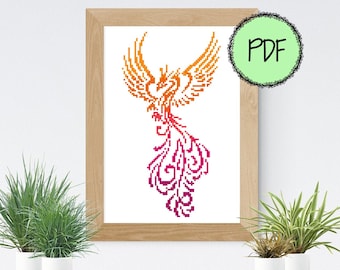 Grafico del modello di punto croce contato moderno di Phoenix colorata / Download PDF istantaneo