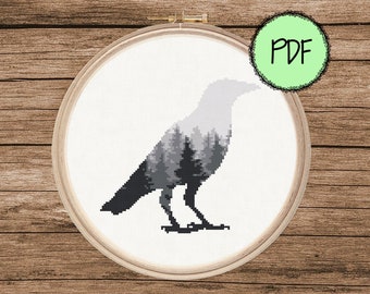 Raven Cross Stitch Pattern | Crow | Bird | Pine Forest | Nordic | Trees | Nature | Woodland | Mountains | Modern | Instant PDF Download