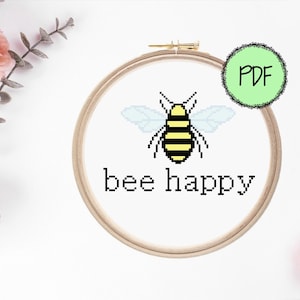 Patrón de punto de cruz feliz abeja / Moderno / Insecto / Animal / Naturaleza / Inspirador / Descarga instantánea PDF