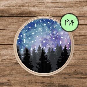Galaxy Forest Cross Stitch Pattern | Pine Trees | Space | Starry Night | Modern Cross Stitch | Instant PDF Download