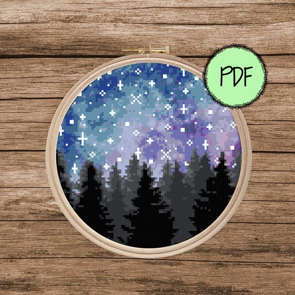 Wzór krzyżykowy Galaxy Forest | Sosny | Kosmos | Gwiaździsta noc | Nowoczesny haft krzyżykowy | Natychmiastowe pobranie pliku PDF