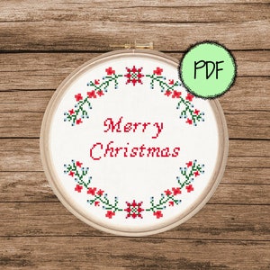 Merry Christmas Cross Stitch Pattern | Xmas | Wreath Flowers Berries | Gift | Winter | Instant Download PDF