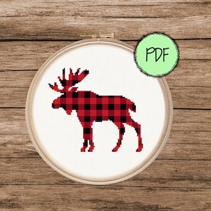 Plaid Moose Cross Stitch Pattern | Silhouette | Buffalo Plaid | Animal | Nature | Animal | Modern | Cabin Decor | Instant PDF Download