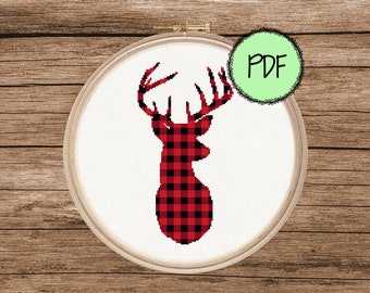 Plaid Deer Cross Stitch Pattern | Silhouette | Buffalo Plaid | Nature | Animal | Woodland Creature | Modern | Instant PDF Download