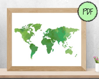 Map of the World Watercolor Modern Counted Cross Stitch Pattern | Instant PDF Download