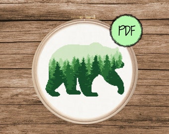 Bear Cross Stitch Pattern | Pine Forest | Nordic | Trees | Nature | Woodland | Mountains | Modern | Instant PDF Download