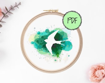 Swallow Silhouette Watercolor Splatter Modern Counted Cross Stitch Pattern | Instant PDF Download