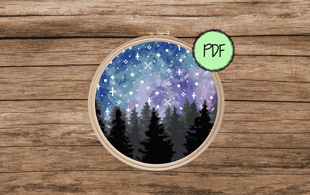 Galaxy Forest Cross Stitch Pattern | Pine Trees | Space | Starry Night ...