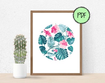 Tropical Flowers Modern Cross Stitch Pattern | Floral Hibiscus Plant Palm Leaves | Nature | Instant PDF Download