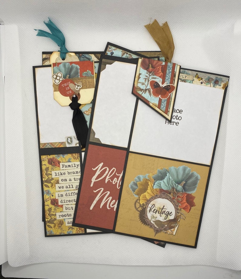 Op de afbeelding: Een scrapbook-lay-out met een rood, geel en blauw bloemenmotief. De lay-out bevat een fotoplek, een titelkaart met de tekst "Photo Memories" en verschillende decoratieve elementen, waaronder een label met de tekst "This is Us", een label met de tekst "Family like branches on a tree, we all grow in different directions but have the same roots as one" en een label met de tekst "Heritage".