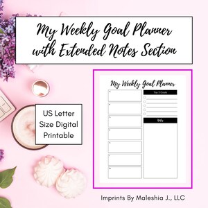 Mi planificador semanal de los 5 objetivos principales con sección de notas extendidas Plantilla de carta estadounidense en PDF imprimible digital (orientación vertical vertical)