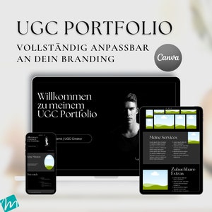 Könnte beinhalten: Ein schwarzer Laptop-Bildschirm zeigt eine Website mit dem Text "UGC Portfolio" und "Willkommen zu meinem UGC Portfolio". Die Website ist so konzipiert, dass sie die Dienstleistungen einer Person präsentiert und einen Bereich für "Meine Services" und "Zubuchbare Extras" enthält.