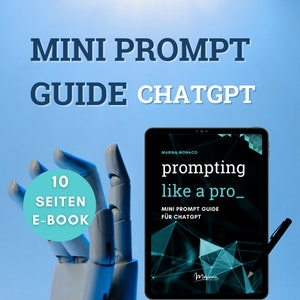 Könnte beinhalten: Ein digitales Tablet zeigt ein blaues und schwarzes E-Book-Cover mit dem Titel "prompting like a pro_" und dem Text "MINI PROMPT GUIDE FOR CHATGPT". Das Cover zeigt auch ein geometrisches Muster in Blautönen und Rot. Das Tablet wird von einer Roboterhand vor einem blauen Hintergrund gehalten.