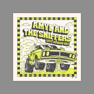 May include: A yellow and black concert poster with a cartoon illustration of a car driving through clouds. The text reads "Live from Higher Ground Amyl and The Sniffers with Lambrini Girls 08-05-24 So Burlington Vermont".