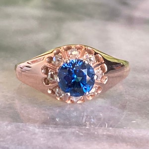 Antique Victorian Sapphire Diamond Ring: 10K Rose Gold Belcher Setting
