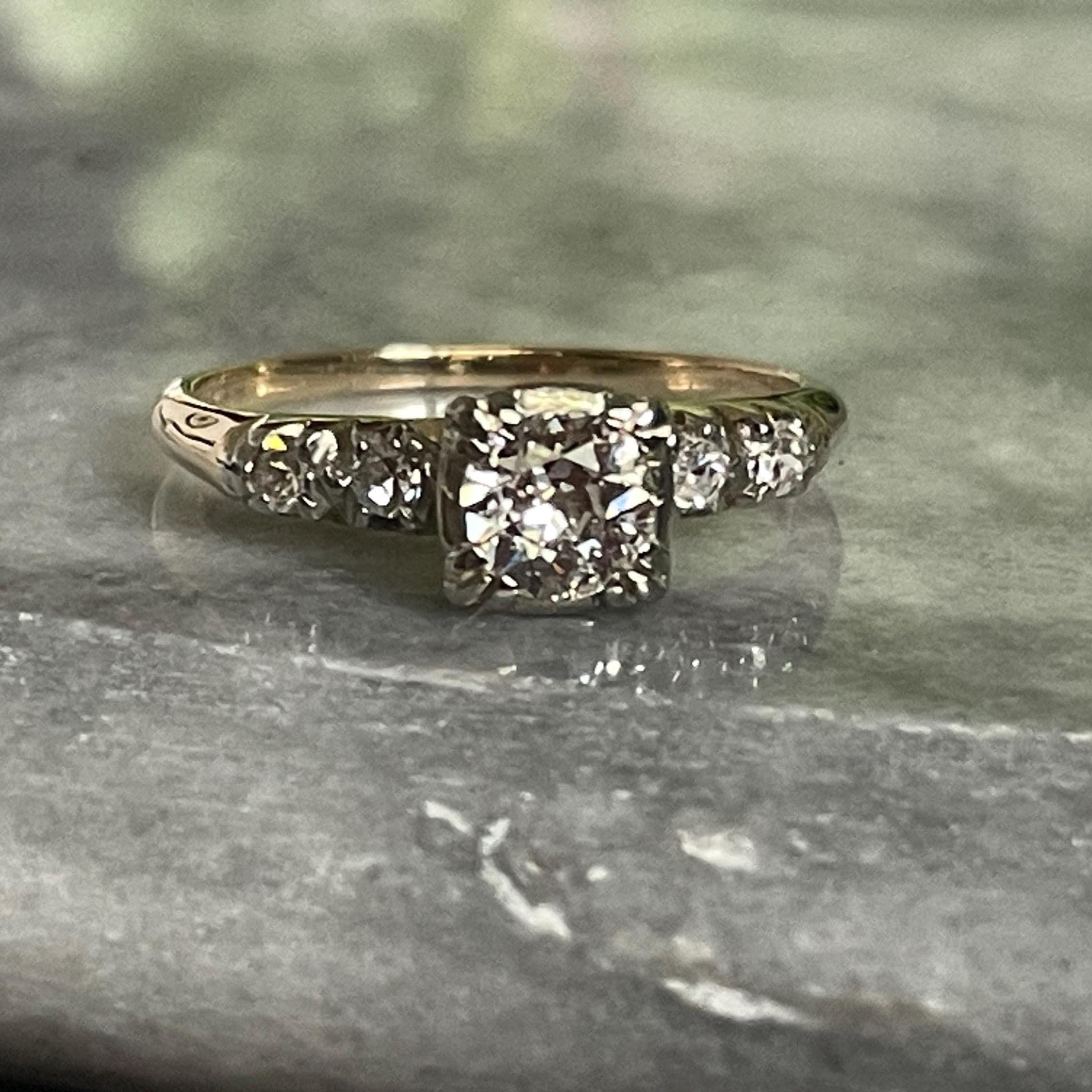 Estate Vintage 14K Two Tone Gold .62dtw Round European Cut Diamond Solitaire with Accents Engagement Ring, 2.17gms, Size 6.75 US