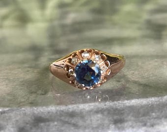Antique Victorian Sapphire and Rose cut Diamond Ring, 10K Rose Gold, Size 7.25 US